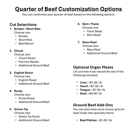 100% Grass Fed, Beef Quarter (1/4) - Local Pastures