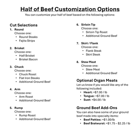 Grass Fed Grain Finished, Beef Half (1/2) - Local Pastures